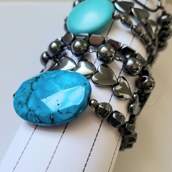 Hematite and Turquoise Gemstone Statement Bracelet - Picture 4 of 4